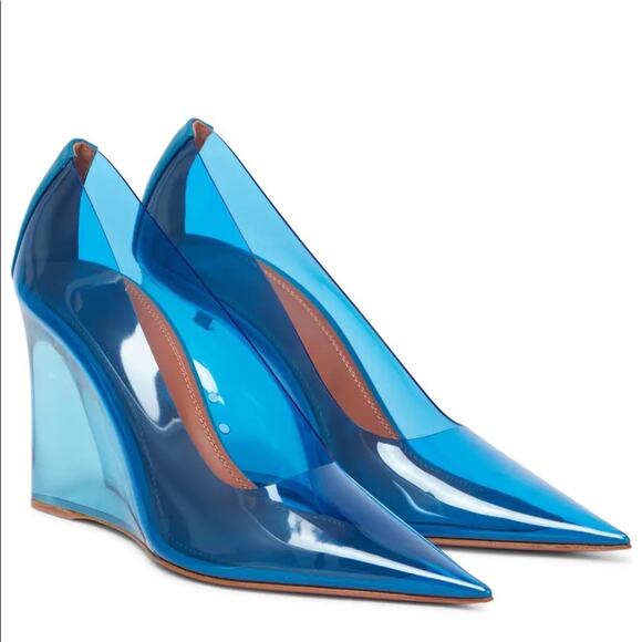 NEW Amina Muaddi Ane Pointed Toe PVC Glass Patent Wedges Heels Blue US 7.5 - Picture 2 of 13
